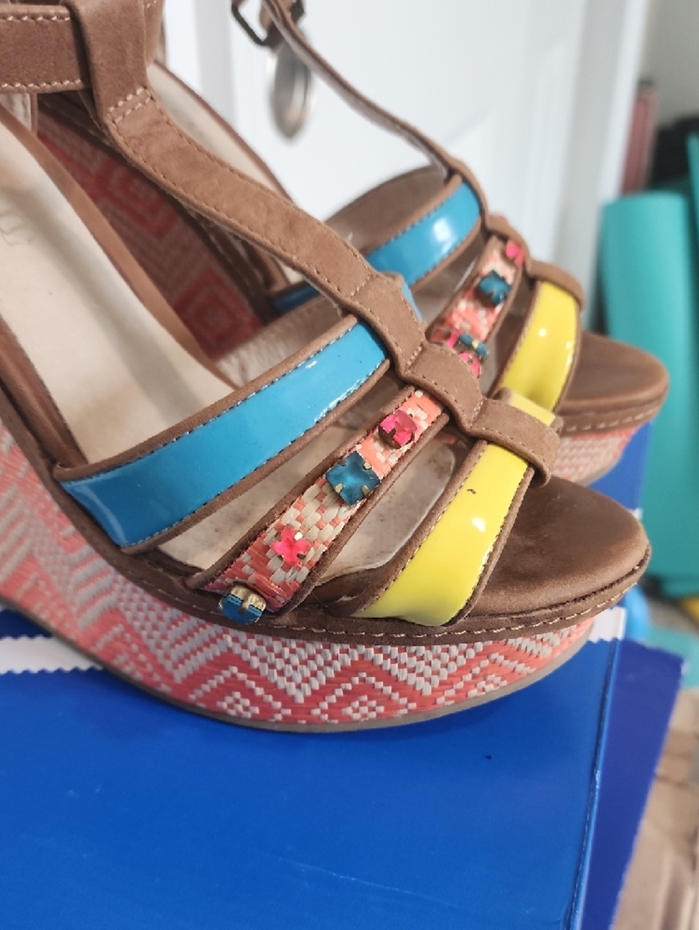 Aldo Tan Wedge Sandals with Yellow & Blue Straps - Picture 5 of 9
